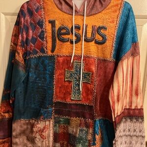 CHRISTIAN THEME PATCHWORK STYLE HOODIE w/CROSS & JESUS OVERSIZED L.52”x31”